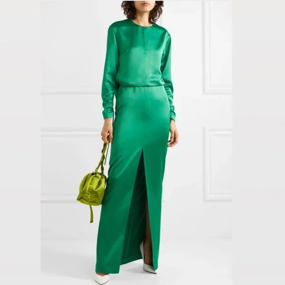 NWT Green Satin Long Sleeve Open Back Gown - Picture 2 of 8